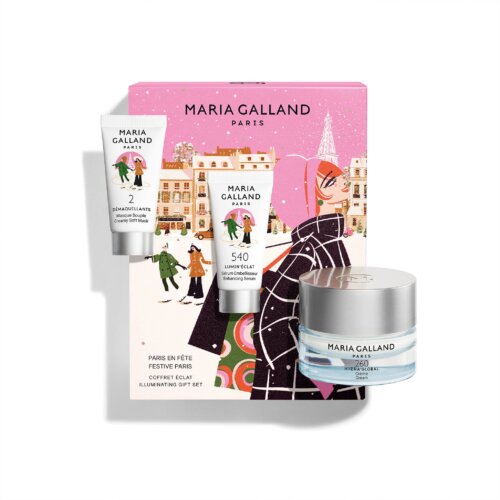 Maria Galland Illuminating Gift Set Festive Paris – Geschenkverpackung mit den drei enthaltenen Pflegeprodukten